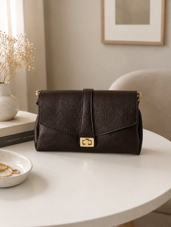 Handbags - Dark Brown Italian Leather Crossbody Bag, Structured Shoulder Purse